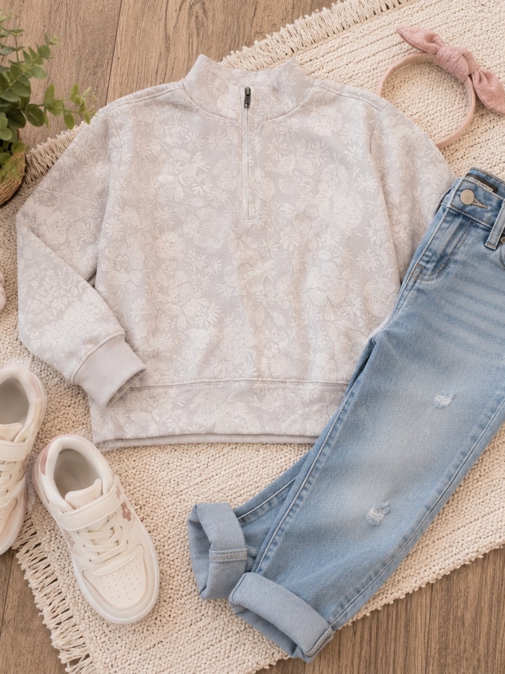 Gap Kids Light Gray Floral Quarter-Zip Pullover Sweater